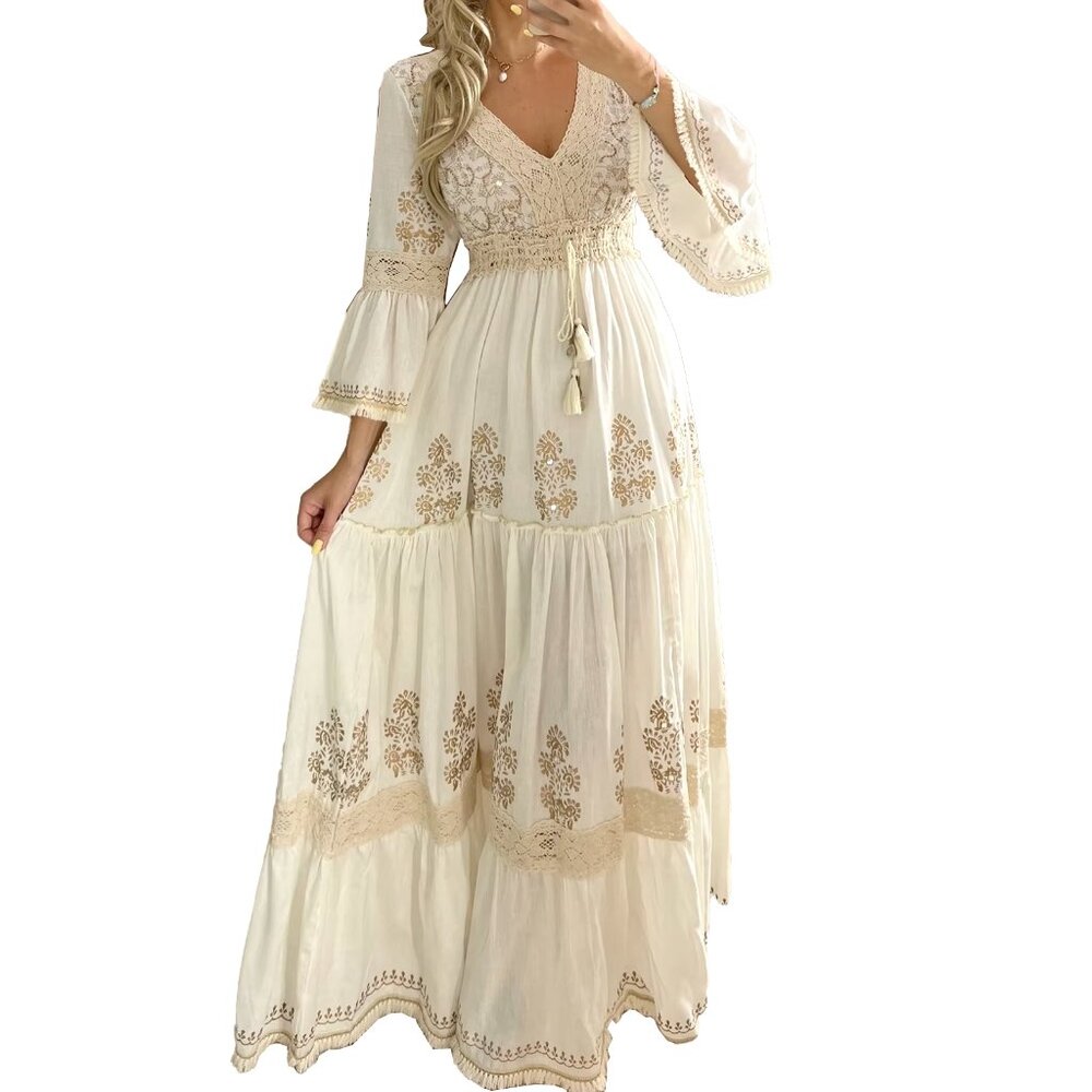 BEAUTIFUL SUMMER BOHO MAXI-DRESS IN SOFT NEUTRAL TONES